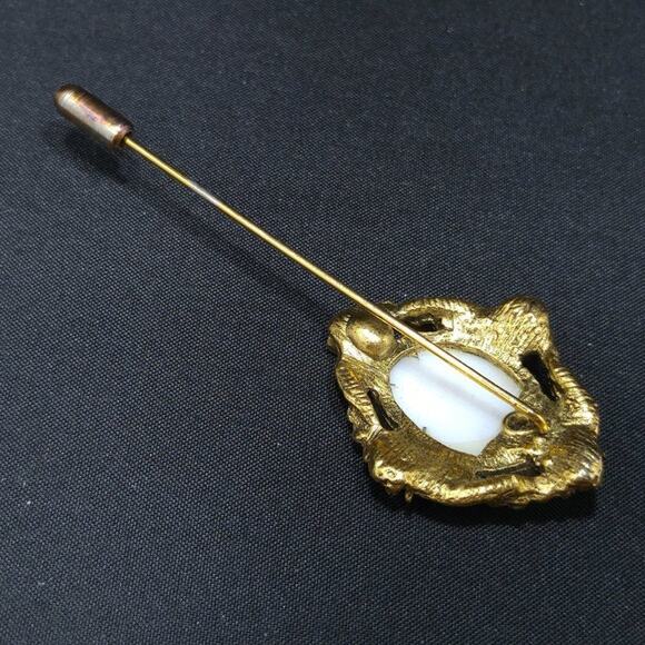 Vintage Edwardian Style Rose Ceramic Stick Pin, Antique Gold Tone, 1960s, 3 Inch - Picture 5 of 10